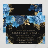 水彩ブルーと金ゴールド結婚の花 招待状 (正面/裏面)