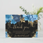 水彩ブルーと金ゴールド花誕生日 サンキューカード (スタンド正面)