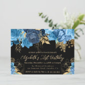 水彩ブルーと金ゴールド花21歳の誕生日 招待状 (スタンド正面)