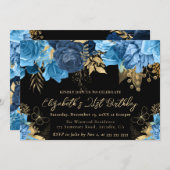 水彩ブルーと金ゴールド花21歳の誕生日 招待状 (正面/裏面)