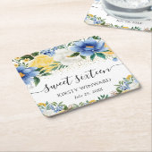 水彩ブルーと黄色の花のSweet sixteen スクエアペーパーコースター (アングル)