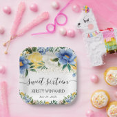 水彩ブルーと黄色の花のSweet sixteen ペーパープレート (パーティー)