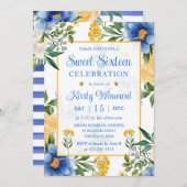 水彩ブルーと黄色の花のSweet sixteen 招待状 (正面/裏面)