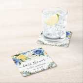 水彩ブルーと黄色の花ベビーシャワー スクエアペーパーコースター (インサイチュ)