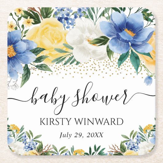 水彩ブルーと黄色の花ベビーシャワー スクエアペーパーコースター (正面)