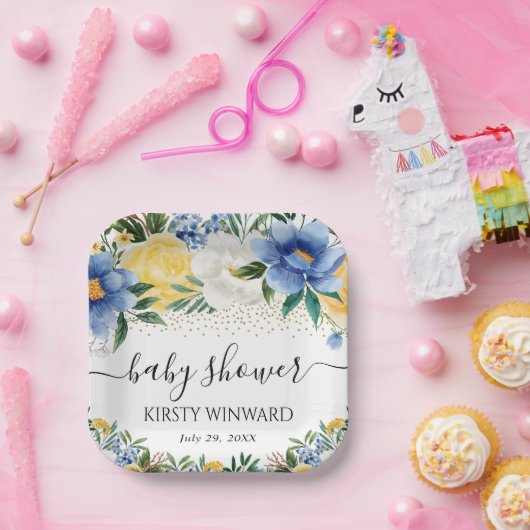 水彩ブルーと黄色の花ベビーシャワー ペーパープレート (パーティー)