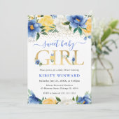 水彩ブルーと黄色の花ベビーシャワー 招待状 (スタンド正面)