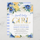 水彩ブルーと黄色の花ベビーシャワー 招待状 (正面/裏面)