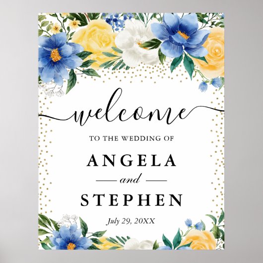水彩ブルーと黄色の花結婚の歓迎 ポスター (正面)