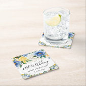 水彩ブルーと黄色の花誕生日 スクエアペーパーコースター (インサイチュ)