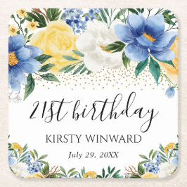 水彩ブルーと黄色の花誕生日 スクエアペーパーコースター