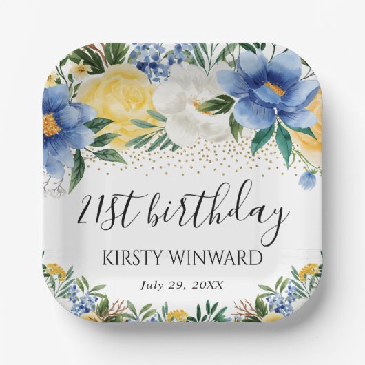 水彩ブルーと黄色の花誕生日 ペーパープレート (正面)