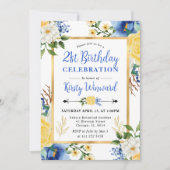 水彩ブルーと黄色の花誕生日 招待状 (正面)