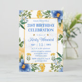 水彩ブルーと黄色の花誕生日 招待状 (スタンド正面)