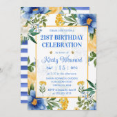 水彩ブルーと黄色の花誕生日 招待状 (正面/裏面)