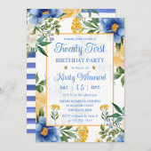 水彩ブルーと黄色の花21歳の誕生日 招待状 (正面/裏面)