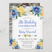 水彩ブルーと黄色の花21歳の誕生日 招待状 (正面/裏面)