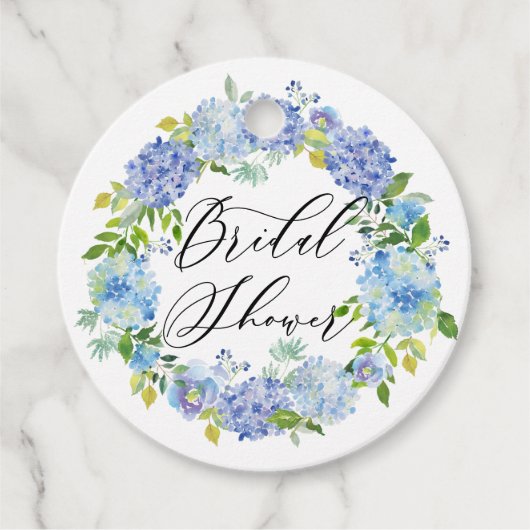 水彩ブルーのアジサイの花輪 ブライダルシャワー フェイバータグ (正面)