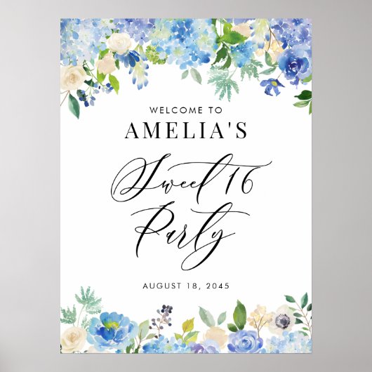 水彩ブルーのアジサイ スイート16パーティーウェルカム ポスター (正面)