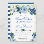 水彩ブルーのサマー フラワーズ スウィート 16 招待状 (正面/裏面)