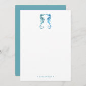 水彩ブルーのタツノオトシゴ オーダーメイド ノートカード (正面/裏面)