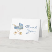 水彩ブルーのヴィンテージ ベビーカー ベビーシャワー サンキューカード (正面)