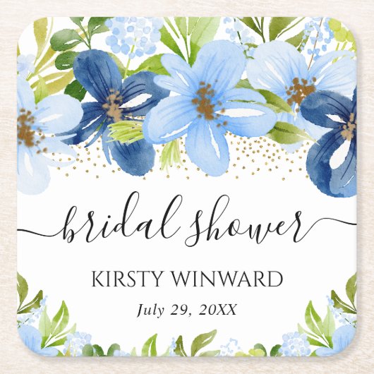 水彩ブルーの夏の花 ブライダルシャワー スクエアペーパーコースター (正面)