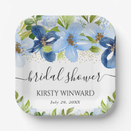 水彩ブルーの夏の花 ブライダルシャワー ペーパープレート