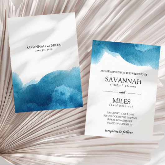 水彩ブルーの洗練されたウェディング招待状 案内状