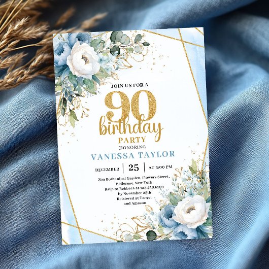 水彩ブルーの花の90歳の誕生日パーティー招待状 招待状