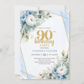 水彩ブルーの花の90歳の誕生日パーティー招待状 招待状 (正面)