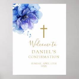 水彩ブルーの花モチーフ確認用ウェルカムサイン ポスター