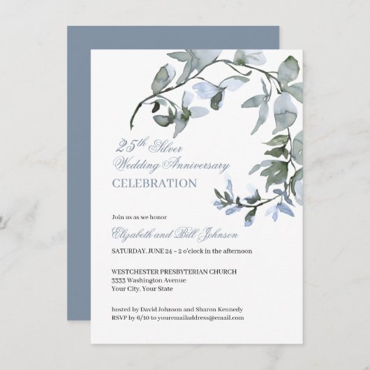水彩ブルーの花モチーフ 25周年結婚記念日 招待状 (正面/裏面)