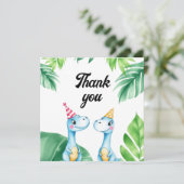 水彩ブルーのT-Rexグリーンの子供たち3歳の誕生日 サンキューカード (スタンド正面)