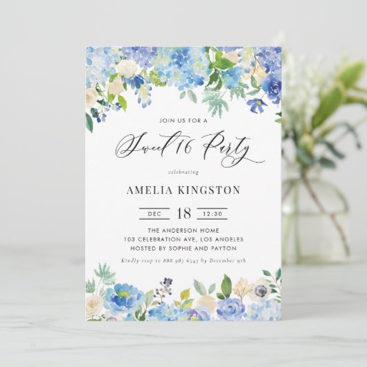 水彩ブルーアジサイフローラスウィート16パーティー 招待状 (スタンド正面)