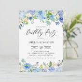水彩ブルーアジサイフローラ誕生日パーティー 招待状 (スタンド正面)