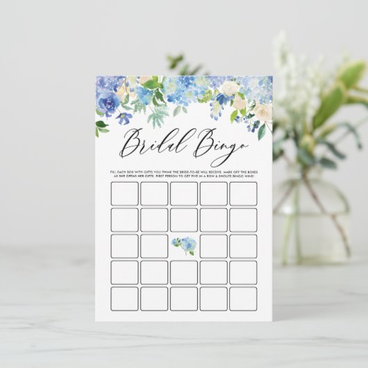 水彩ブルーアジサイブライダルシャワービンゴ エンクロージャーカード (スタンド正面)