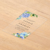 水彩ブルーアジサイ花ブーケ結婚ーズ アクリル招待状 (レイダウン)