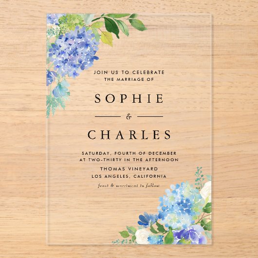 水彩ブルーアジサイ花ブーケ結婚ーズ アクリル招待状 (正面)