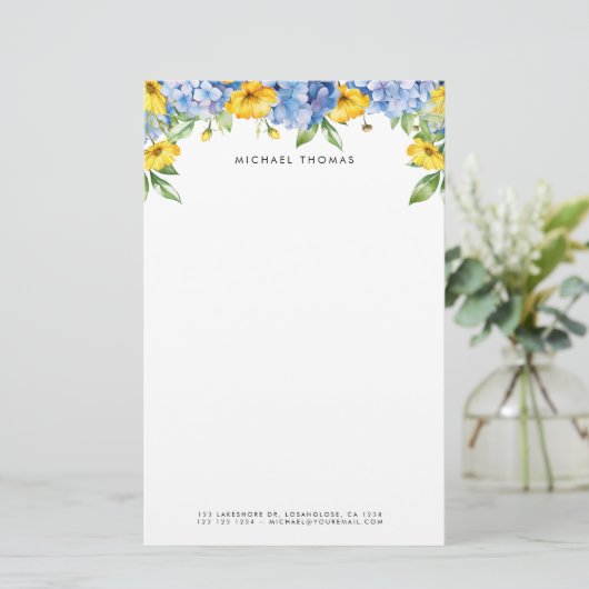 水彩ブルーアジサイ&イエローフローラ 便箋 (スタンド正面)