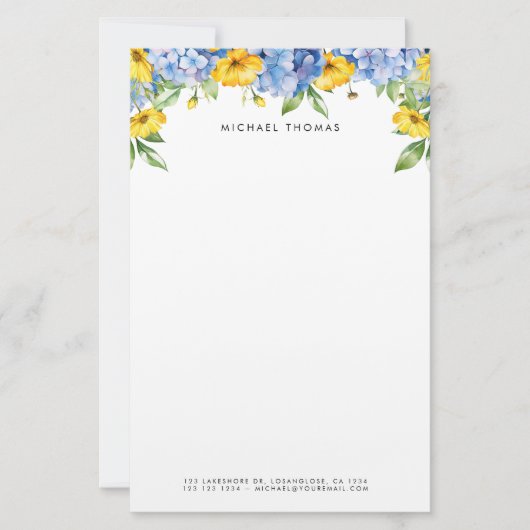 水彩ブルーアジサイ&イエローフローラ 便箋 (正面)