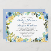 水彩ブルーイエローフラワーベビーシャワー 招待状 (正面/裏面)