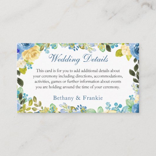 水彩ブルーイエローローズ庭園の結婚式詳細 エンクロージャーカード (正面)