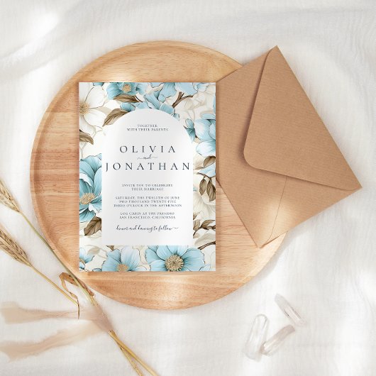 水彩ブルーウィンターフローラ美学結婚の 招待状
