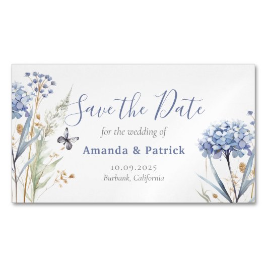 水彩ブルーエレガントフローラ日付の保存 マグネット名刺 (正面)