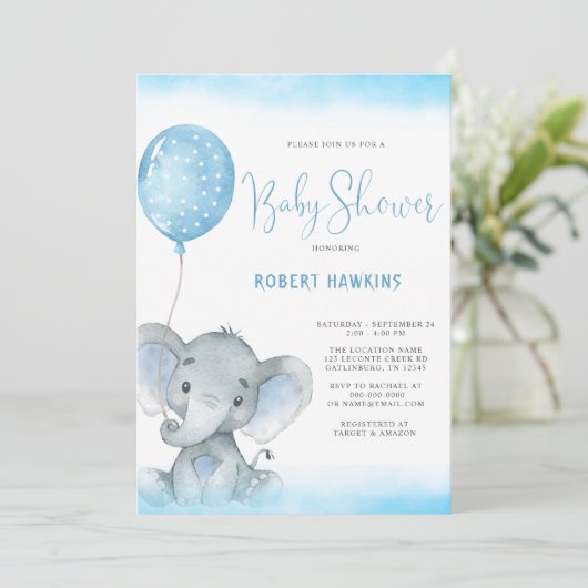 水彩ブルーエレファントボーイ赤ちゃんシャワー 招待状 (スタンド正面)