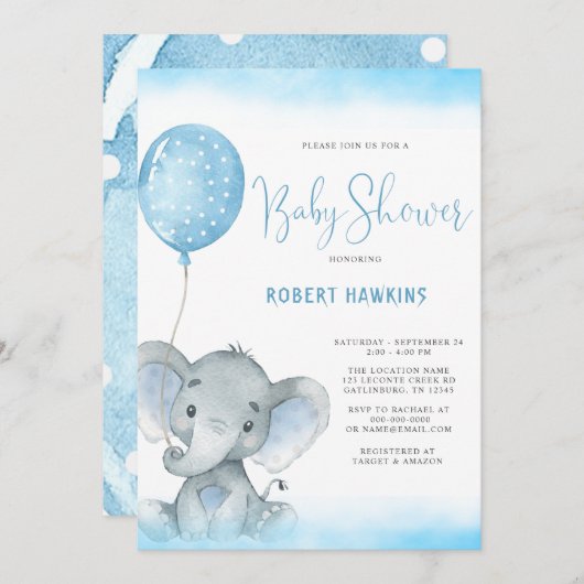 水彩ブルーエレファントボーイ赤ちゃんシャワー 招待状 (正面/裏面)