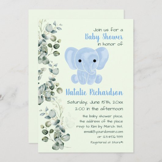 水彩ブルーエレファント子供部屋ボーイベビーシャワー 招待状 (正面/裏面)
