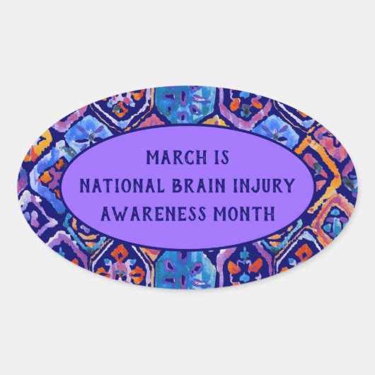 水彩ブルーオレンジネイビーイカット模様 楕円形シール (正面)