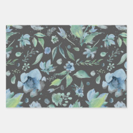 水彩ブルーオングレーフローラトリオ ラッピングペーパーシート